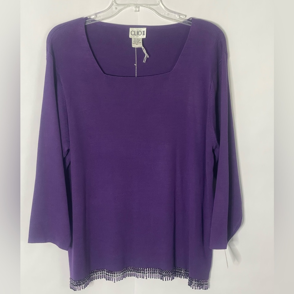CLIO II silk blend square neck sweater beaded fringe trim women’s Size 1X retro